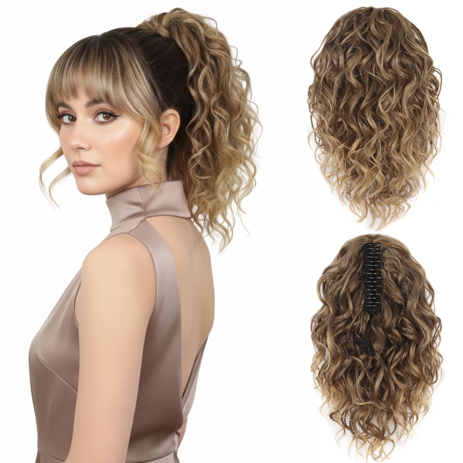 Photo 1 of 12 Inch Curly Ponytail Extension, Clip on Ponytails for Women, Natural Pony Tails Hair Extensions, Synthetic Hair Extensions Ponytail, Clip in Ponytail (Color: Ash Blonde with Blonde Ends)