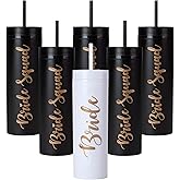 6 Pack Bride to Be Skinny Tumbler | 16 oz Bride Squad Tumblers | Bachelorette Party Cups | Engagement Wedding Gifts Bridesmaids Mugs & Party Supplies (Black)