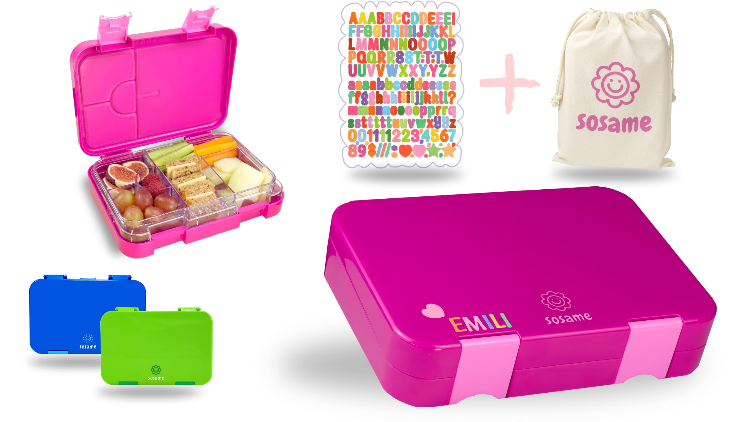 sosame Lunch Box for Children with 6 Compartments - Bento Lunch Box Leak-Proof - Lunch Box for School & Nursery - Includes Cotton Drawstring Bag & Letter Stickers (Purple2)