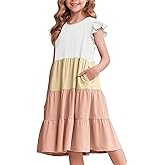 Arshiner Girl's Summer Dresses Ruffle Sleeve Tiered Swing Midi Casual Sundress with Pockets