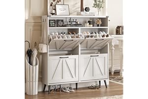 Halitaa Shoe Cabinet with 4 Flip Drawers,Farmhouse Shoe Storage Cabinet for Entryway,Narrow Freestanding Organizer Rack with Open Shelves for Foyer,Hallway,White