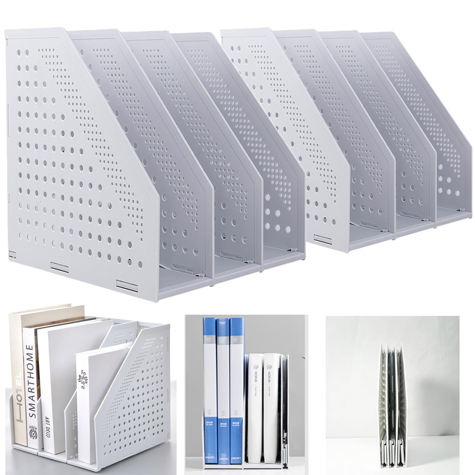 Marte Vanci Collapsible Magazine File Holder Desktop Book Organiser Lever Arch File Storage Folder Document Rack Divider Adjustable for Office School Desk Shelves 3 Compartment (Light Grey 2 Pcs)
