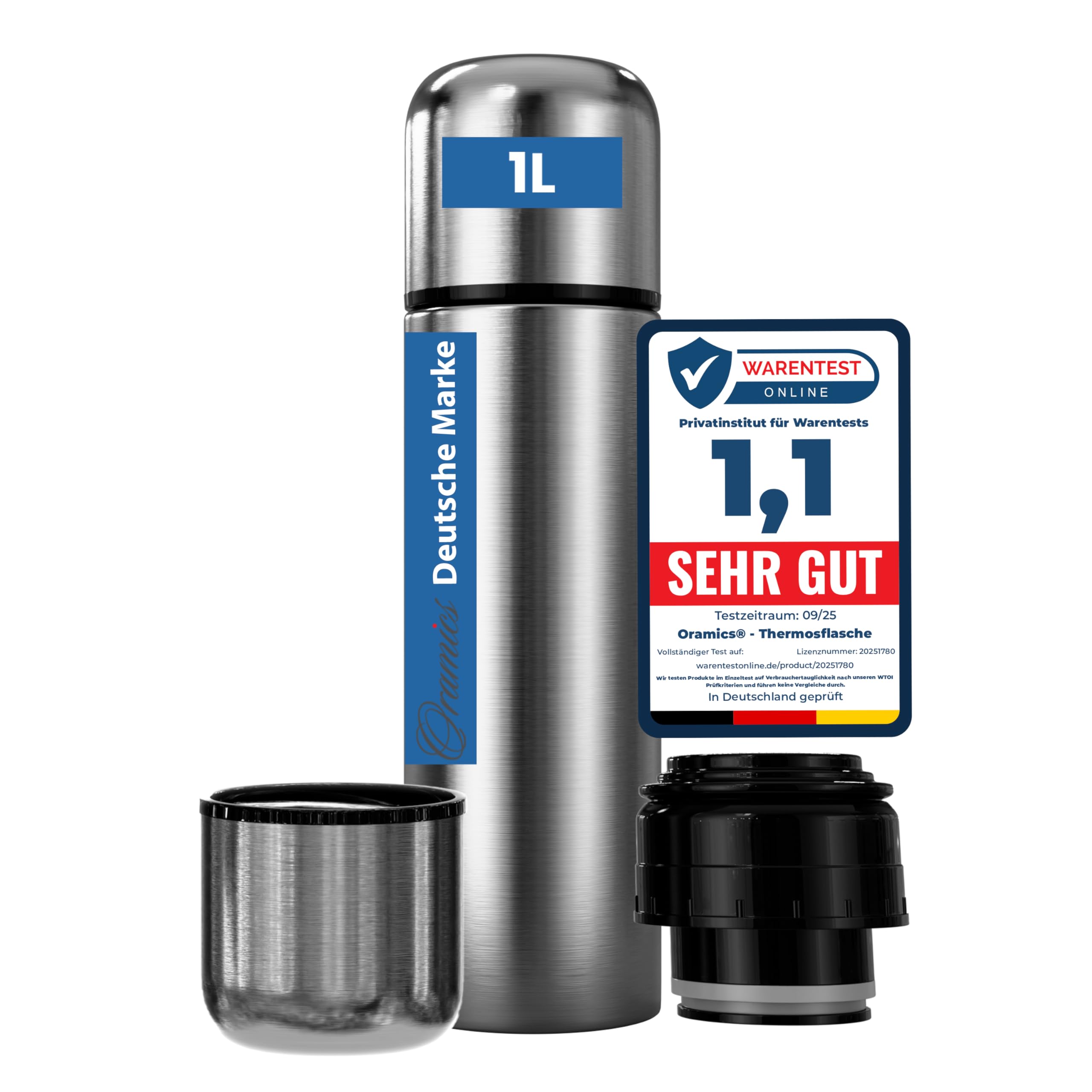 Oramics 500 ml, 750 ml or 1000 ml Thermos Flask with Push Button, Double-Walled Stainless Steel Insulated Flask, Keeps Warm for up to 12 Hours, Silver