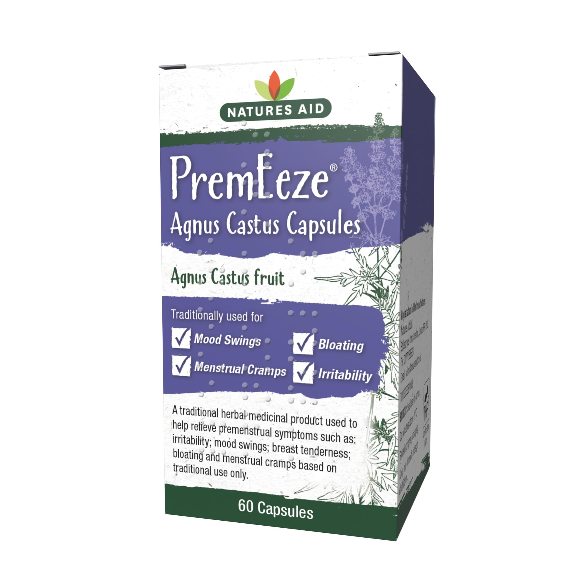 Natures Aid PremEeze Agnus Castus 400mg – Traditional Herbal Remedy for Premenstrual PMS Symptoms Relief – Mood Swings, Irritability, Menstrual Cramps & Bloating – Vegan, THR Registered – 60 Capsules
