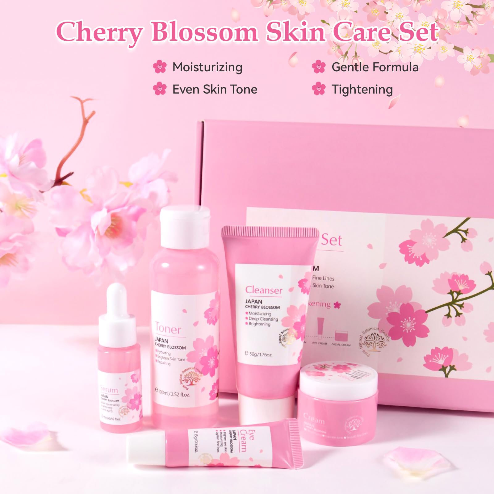 Sakura Skincare Set, Sakura Skin Care for Teens 10-12, Gentle Moisturizing Face Care Kit with Cleanser, Toner, Serum, Eye Cream & Cream, Travel Size Facial Kit for Women Girls