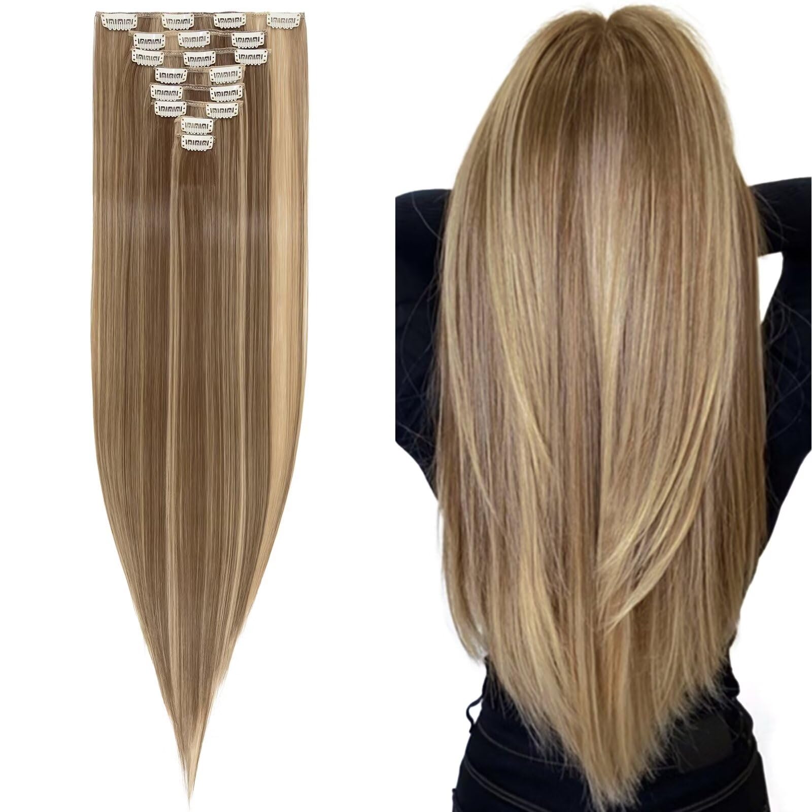 26inches Clip in Hair Extensions #Ash&Dark Blond 100% Synthetic Hairpiece Extension 8pcs Long Straight Hair Pieces For Full Head