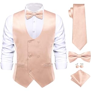 Hi-Tie Mens Satin Suit Vest for Men Silk Double Breasted Formal Suit Vest Pretied Bowtie Tie Handkerchief Cufflinks
