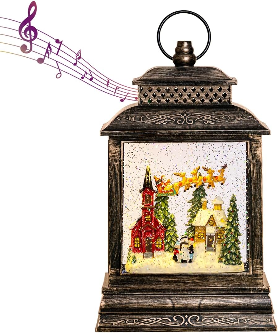 Snow Globes - GOOSH Lighted Christmas Snow Globe Lantern Santa Rocking Chair Over The Town in Musical Decoration Gift with Battery Operated LED Water Glittering Music Playing with 6H TimerChristmas Home Décor…