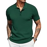 COOFANDY Mens Business Polo Shirts Short Sleeve Knit Pullover Slim Fit Ribbed Textured Solid Tshirts Green L