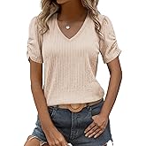 EVALESS Womens Short Sleeve Tops Summer Casual V Neck T Shirts Blouses Solid Textured Knit Tee Tunic