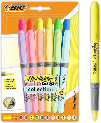 BIC Highlighter Grip Assorted Pack 12 Ribbed Rubber Grip Water-Based Ink