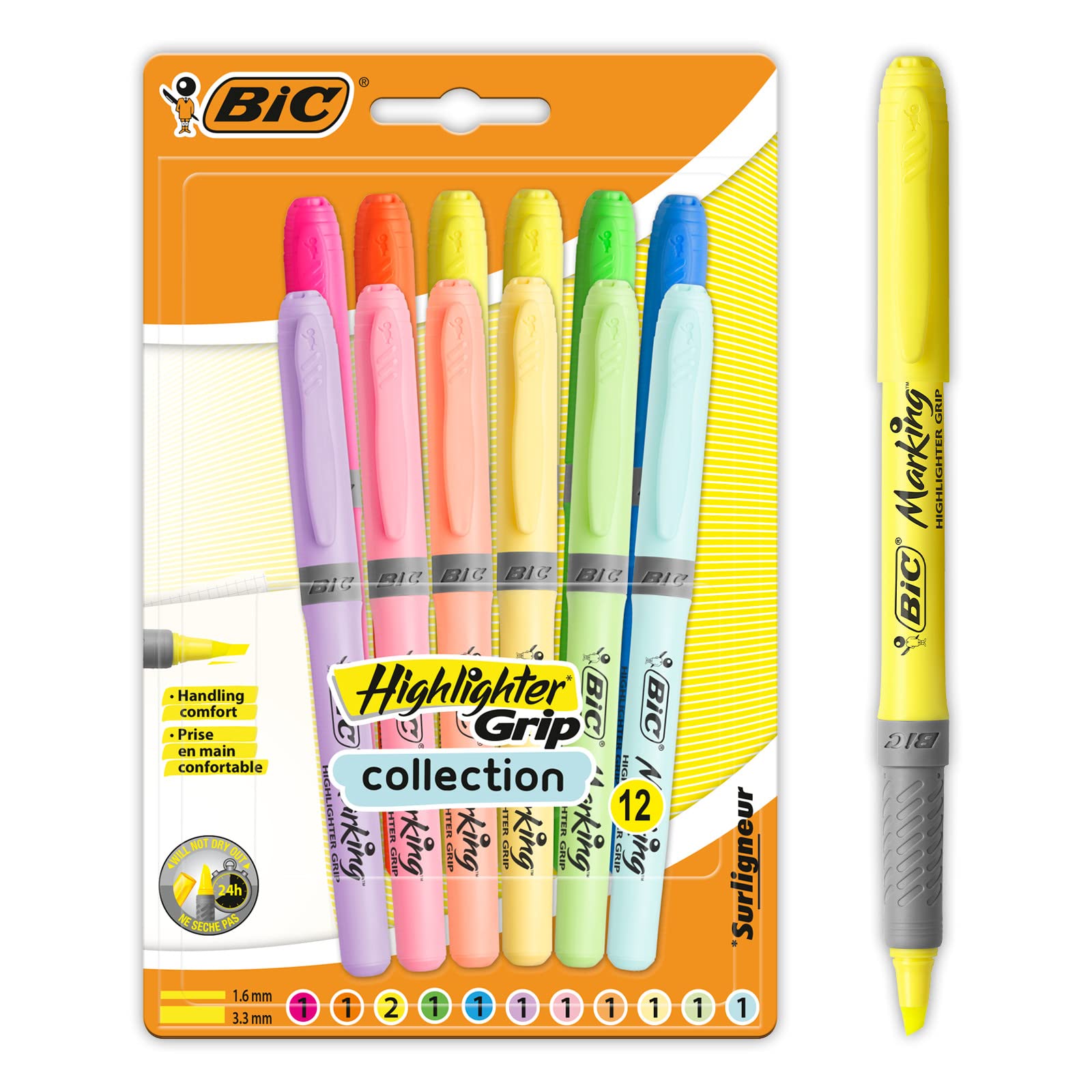 BIC Highlighter Grip, Ribbed Rubber Grip for Extra Comfort, Water-Based Ink, Assorted Intense and Pastel Colours, Pack of 12