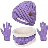 Womens Beanie Hat Scarf Touch Screen Gloves Set for Women Warm Knit Fleece Lined Skull Caps Neck Warmer Gifts