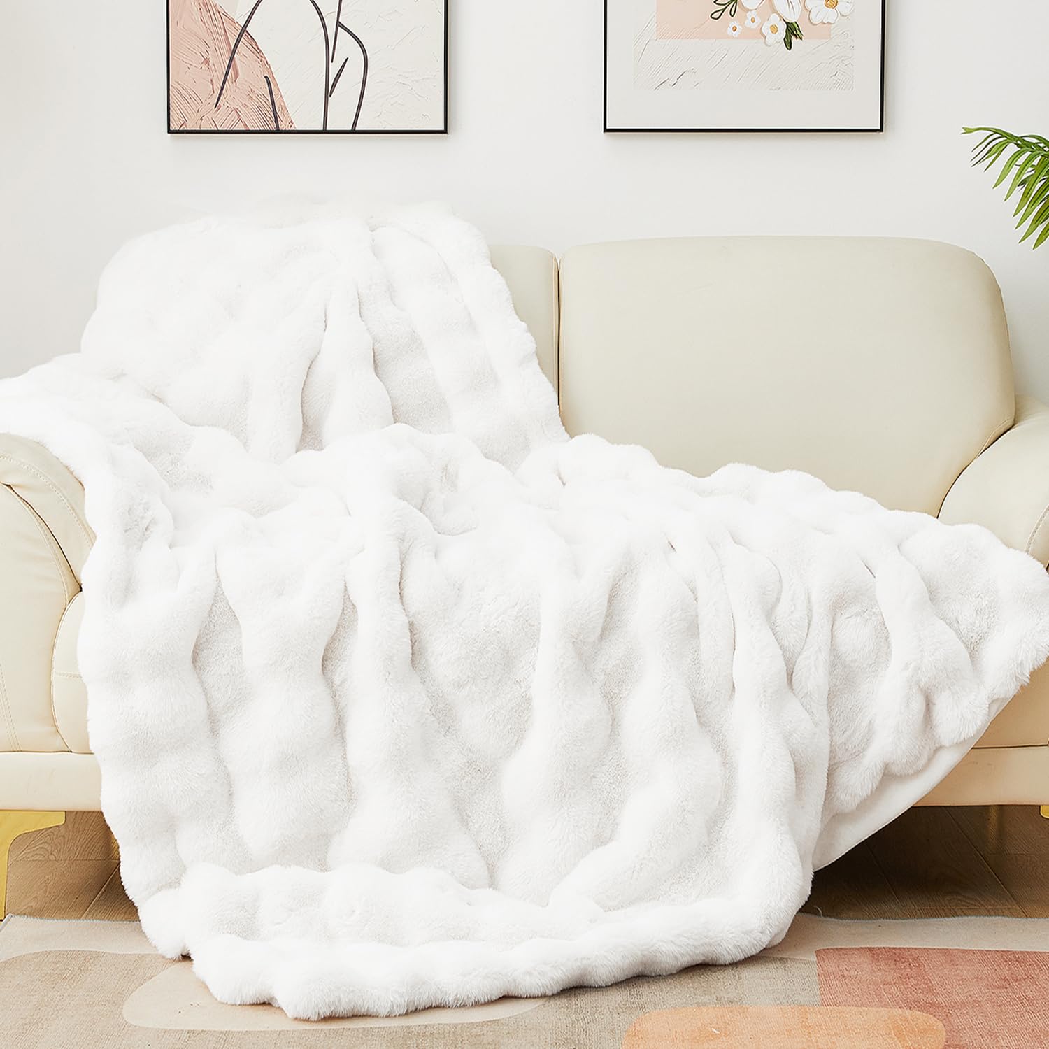 Photo 1 of Latepis White Throw Blanket for Couch, Soft Faux Fur Bubble Blankets for Sofa Bedroom Living Room, Cozy Warm Fluffy Blanket for Winter, Great Birthday Gift Selection, 50x60 Inch, 860GSM