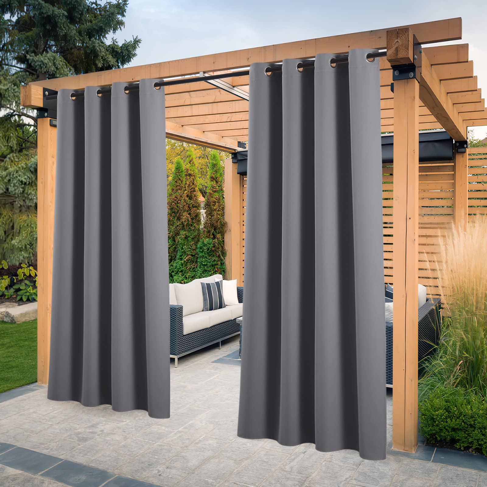 PONY DANCE Outdoor Waterproof Curtains - Garden Patio Thermal Insulated Durable Sunscreen Blackout Panel on Grommets for Cabana 2 Pieces 132 x 244 cm Grey