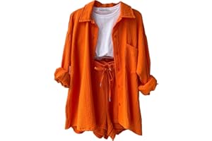 EOPUING Two Piece Sets for Women 2024 Summer Lounge Long Sleeve Button Down Shirts Ribbed Drawstring Shorts 2 Piece Outfits