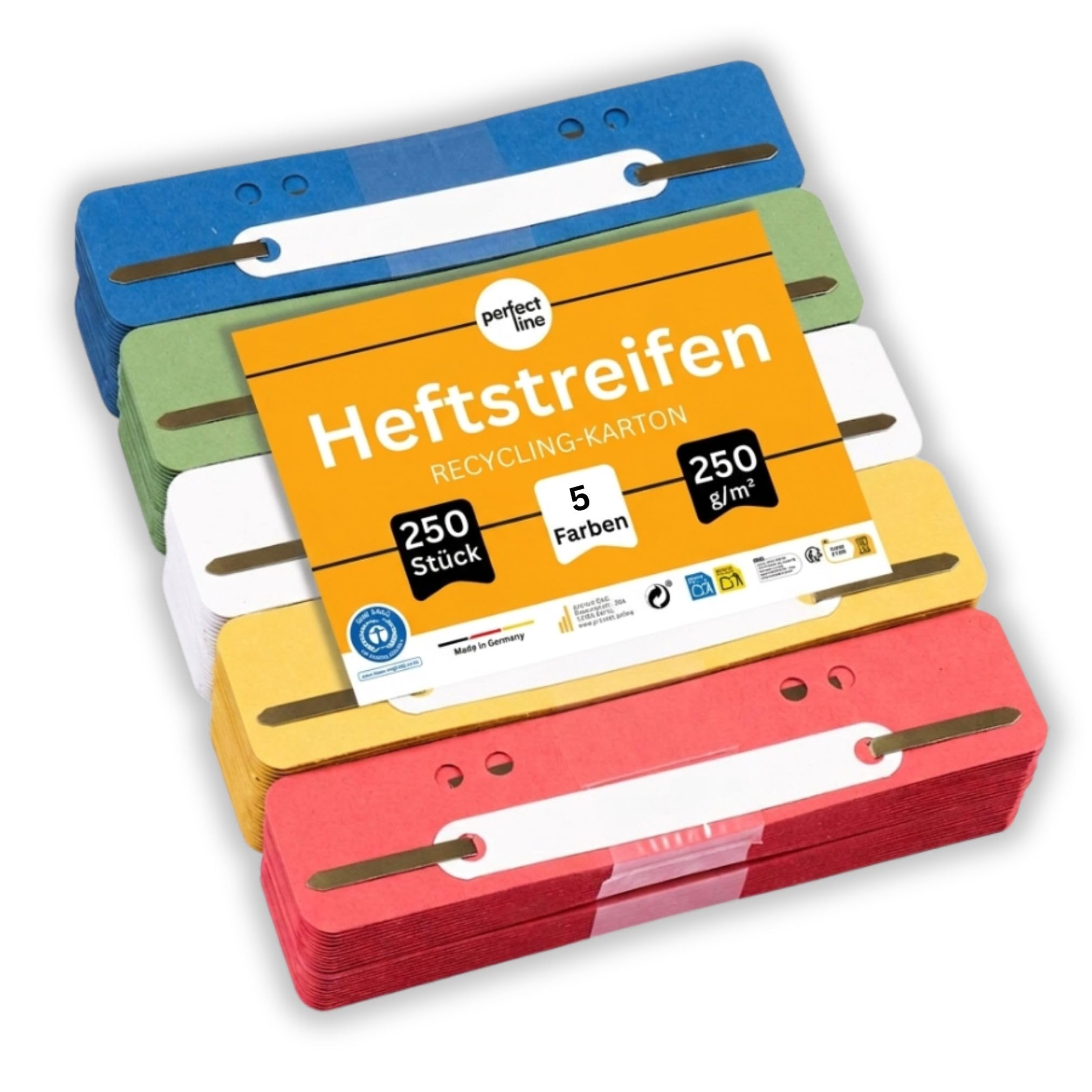 perfect line 250 Recycled Book Strips Coloured, Natural Card fileback Fastener in 5 Colours, tabs in 250 g, Coloured Stapler Tongues, Accessories for Separating & Sorting documents in The Office