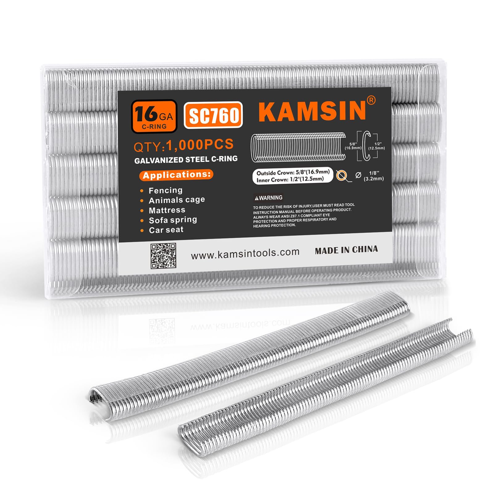 KAMSIN SC760/C17 Hog Rings 1000 PCS - 16 Gauge Galvanized C-Type Staples, 12.5mm Inner Crown - Compatible with 1/2" Air Hog Ring Gun for Cages, Fencing, and DIY Projects