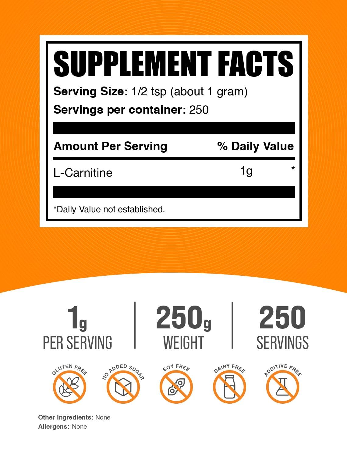 BulkSupplements.com L-Carnitine Powder - Carnitine Supplement, Amino Acid Supplement - Unflavored & Gluten Free, 1g per Serving, 250g (8.8 oz) (Pack of 1)