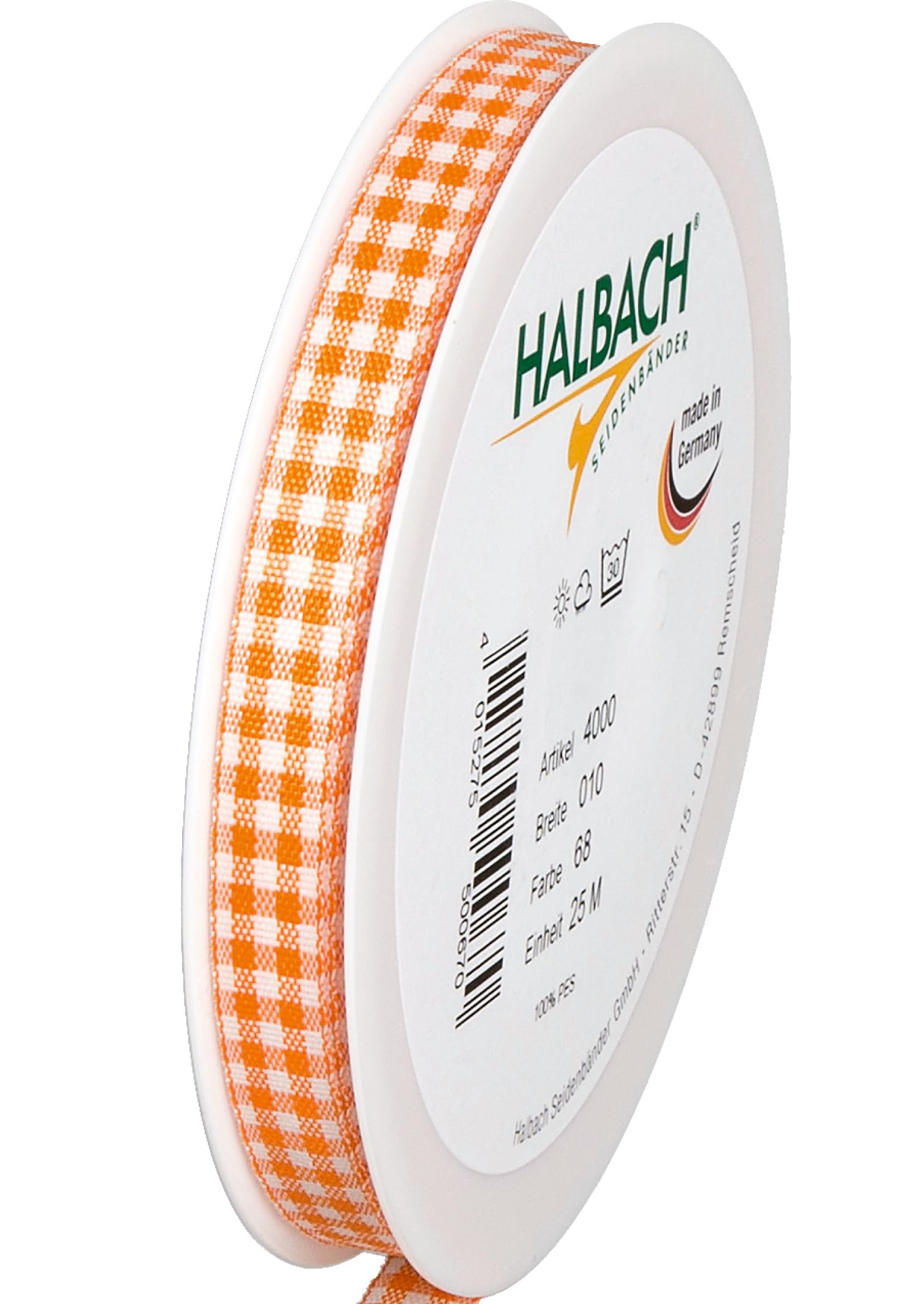Halbach Seidenbänder Premium Vichy Checked Gift Ribbon (Orange) | Width 10 mm Length 25 m | Checked Ribbon Made in Germany | Checked Ribbon in Many Colours