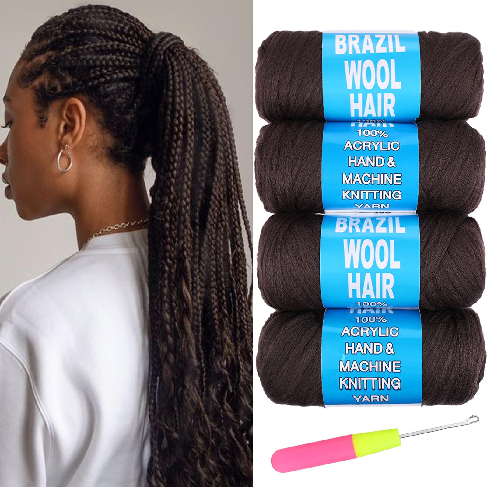 Samtress 4 Roll Dark Brown Brazilian Wool Hair Acrylic Yarn for African Crochet Braids, Senegalese Twist, Faux Locs, Jumbo Braiding With Knitting Crochet Braids (#4) — image 1