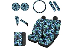 BIGCARJOB Full Set of 12 Pack Blue Floral Print Car Handbrake Cover,Steering Wheel Cover,Seat Belt Pads, Coasters,Armrest Cover,Vehicle Seat Cover,Fit Most Car SUV Van Truck