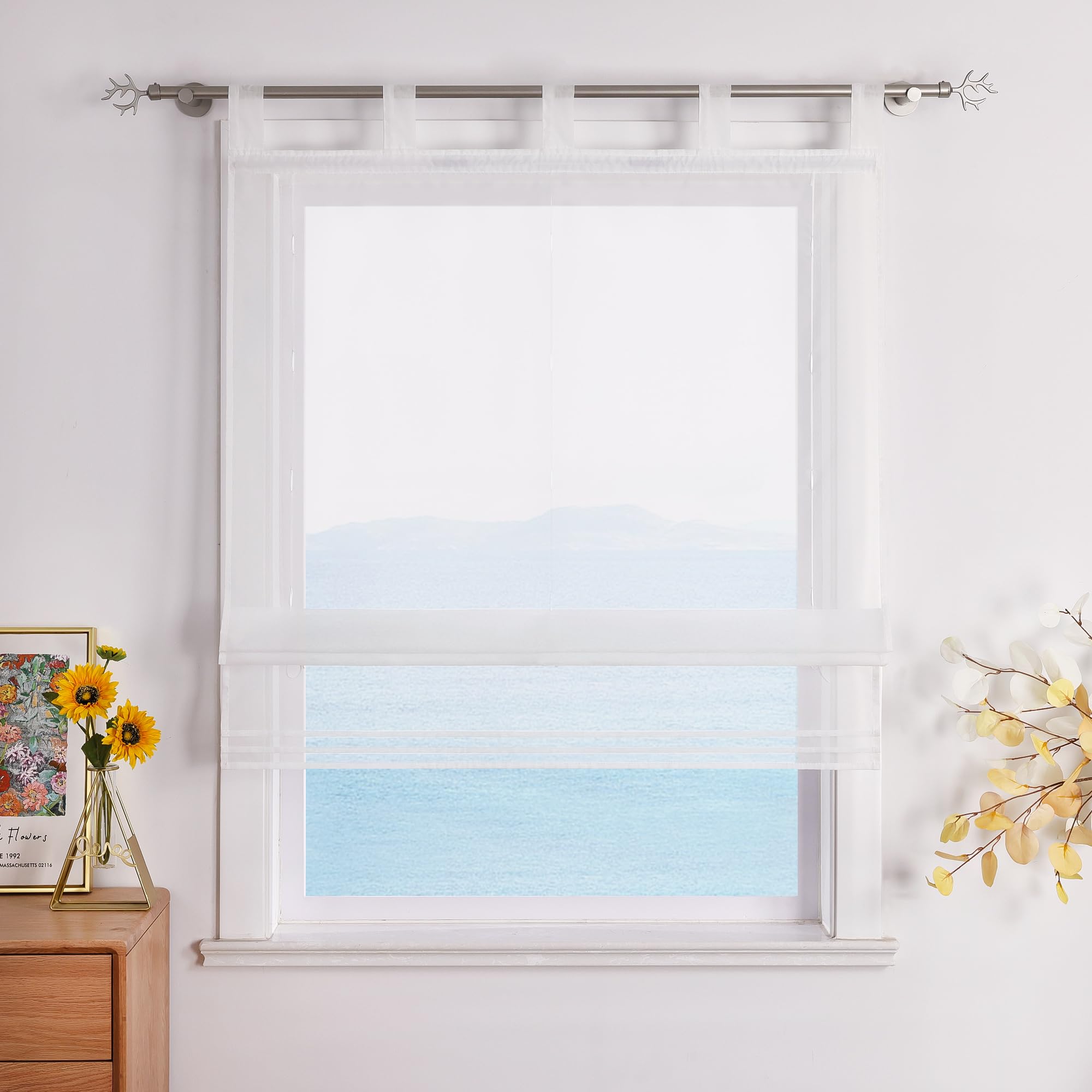 ESLIR Roman Blind with Loops, Kitchen Curtains, Transparent Tab-Top Curtains, Modern Voile Beige, W x H 140 x 155 cm, Pack of 1