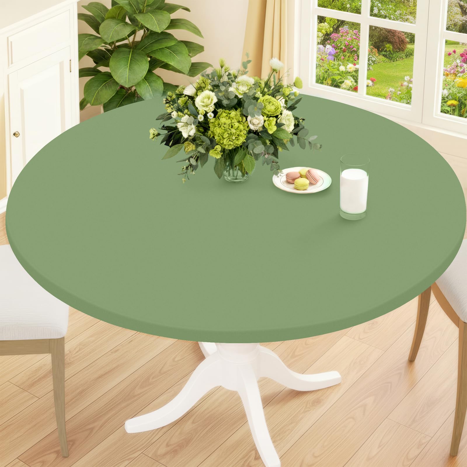 Smiry Round Spandex Tablecloth, Elastic Fitted Washable Tablecloths for 57"-68" Tables, Waterpoof Stretch Picnic Table Cover for Dining, Indoor and Outdoor, Sage Green Image