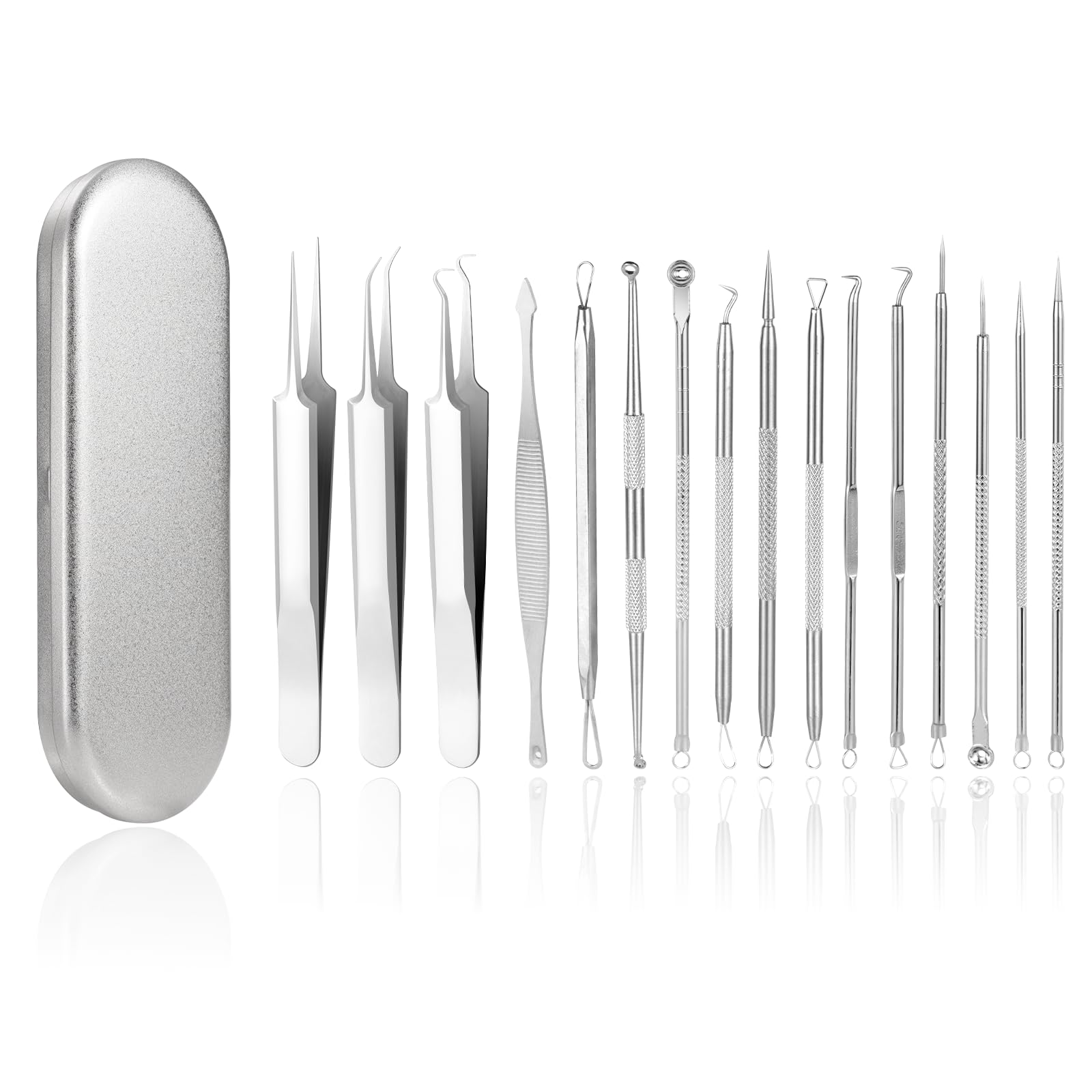 16 Piece Blackhead Remover Comedone Squeezer Set, Tweezers Set with Metal Box for Face Defects, Suitable for Women and Men, for All Skin Types