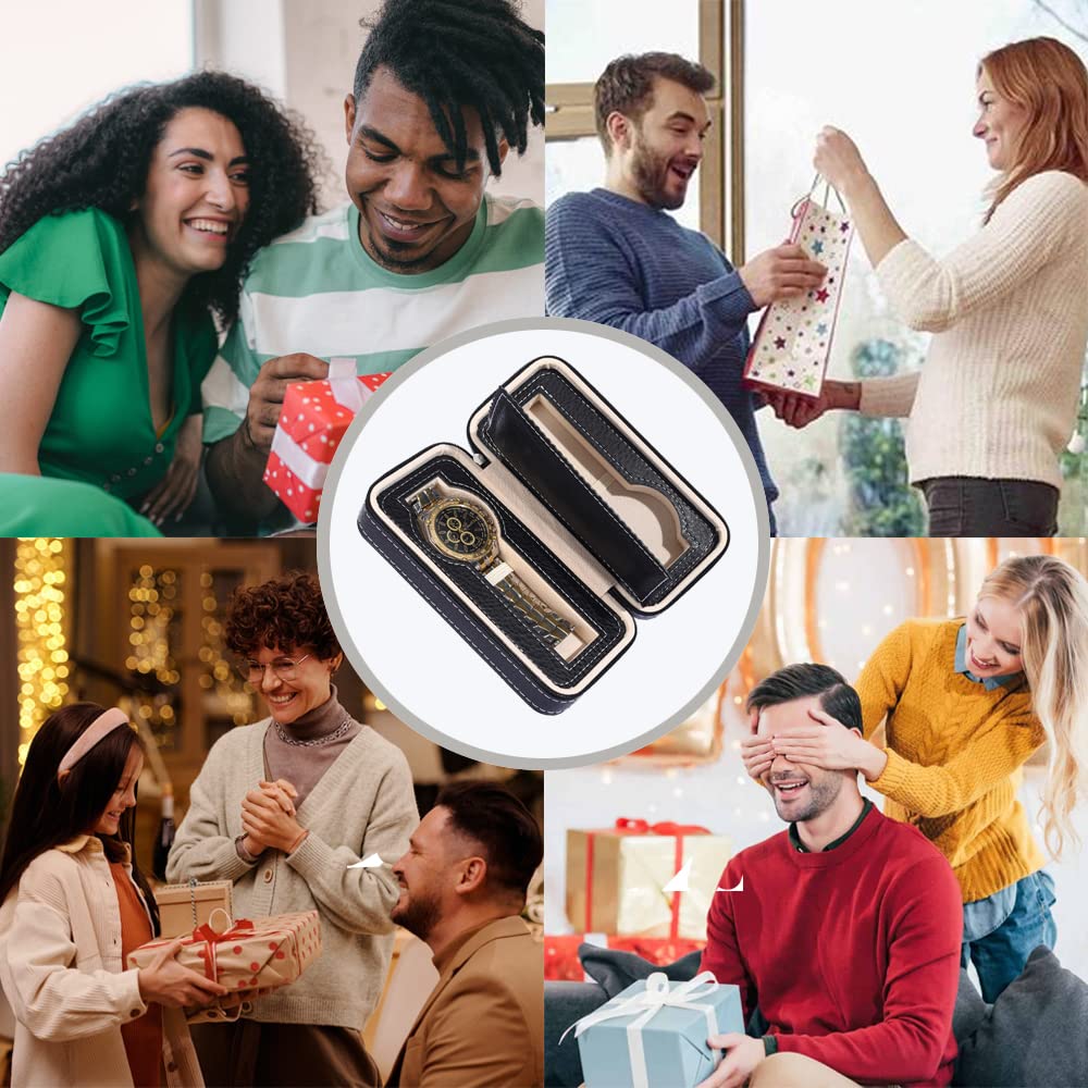 watch travel case,travel watch cases for men, PU leather zipper storage case watch organizer, 2 place notch portable travel watch zipper case, suitable for living room bedroom and travel