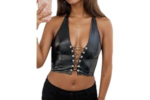 SEAUR Womens PU Leather Bustier Crop Top V Neck Halter Corset Front Tie Top Trendy Sleeveless Clubwear Going Out Party Top