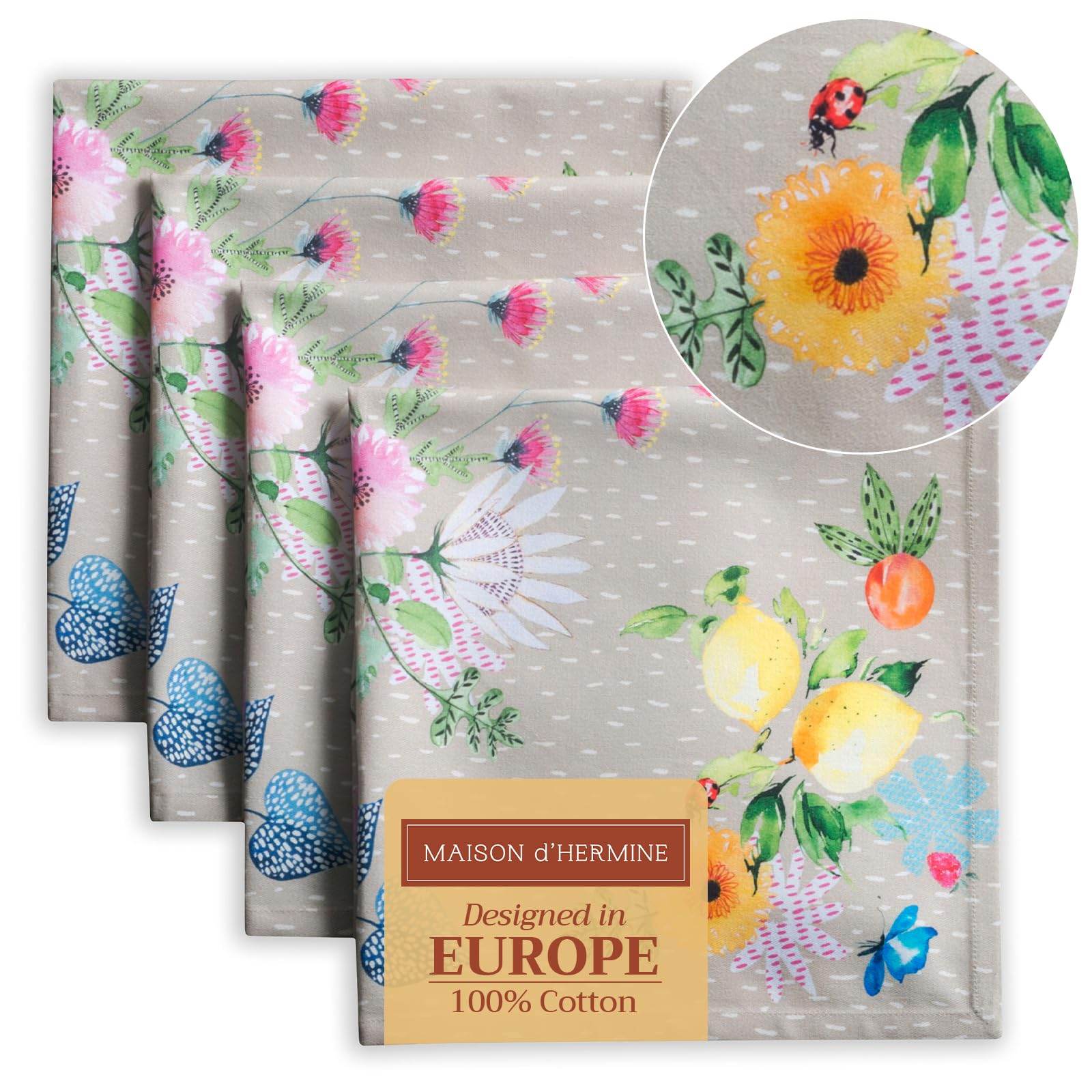 Maison d' Hermine Cloth Napkins Set of 4 100% Cotton Everyday Reusable Square Napkins Cloth Washable Dinner Party Wedding Restaurant Gifts for Mothers Day (Jardin D'Ete - Fog, 45 CM x 45 CM)