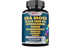 MDA SUPPLEMENTS Sea Moss Black Seed Oil Ashwagandha Ginger, Sea Moss Capsules with Burdock Root, Organic Seamoss Pills, Irish Sea Moss with Bladderwrack, Multimineral Supplement, USA (120 Capsules)