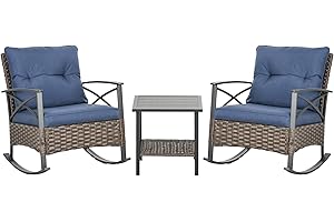 Outsunny 3 Piece Patio Rocking Chair Set, Outdoor Wicker Bistro Set with 2 Cushioned Porch Rockers and 2 Tier Coffee Table for Garden, Porch, Backyard, Dark Blue