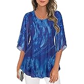 Ninedaily Women's Tops 3/4 Sleeve Blouses Dressy Casual Double Layers Mesh Tunic Shirts