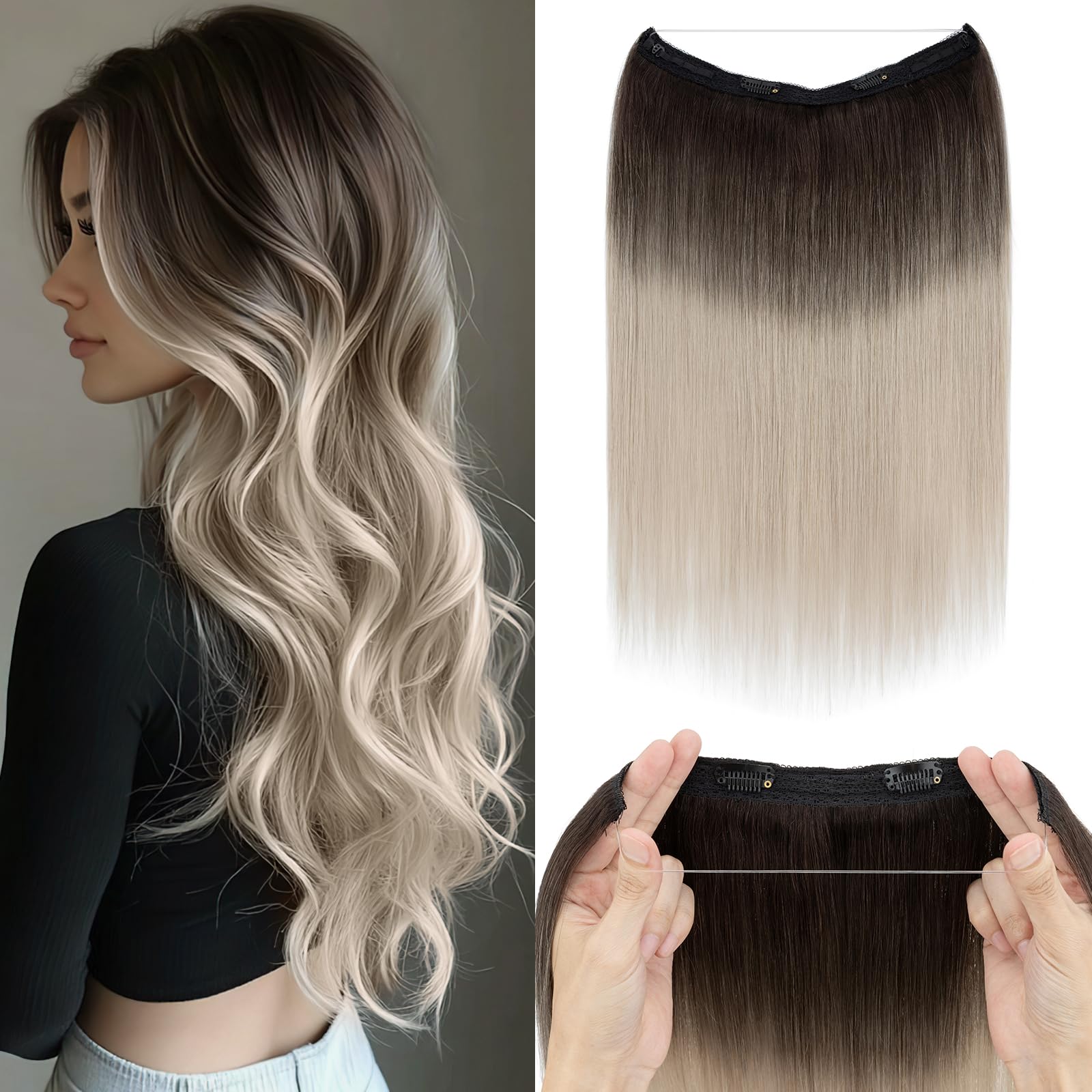 Photo 1 of Prokyvity Halo Hair Extensions Real Human Hair,Halo Hair Extension 100% Human Hair, Wire Hair Extensions,Straight Natural Black to Gray Ombre 12inch/55g