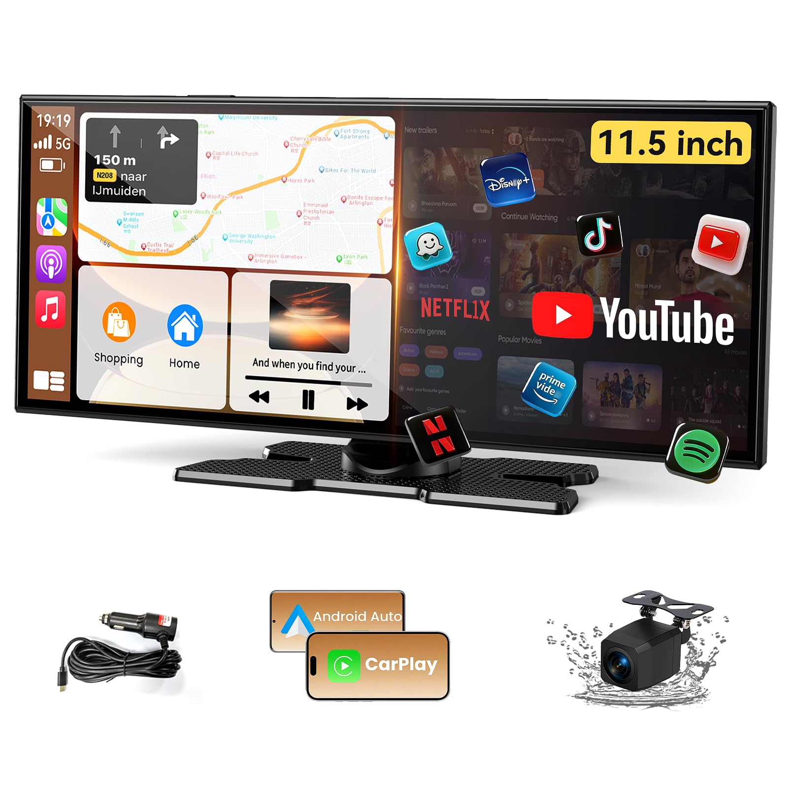 Largest 11.5 inch Wireless CarPlay Screen for Car,Built-in N-etflix/YouTube/TikTok and other apps,A-pple CarPlay & Android Auto screen with1080P Backup Camera/Navigation/Voice Control,for All Vehicles
