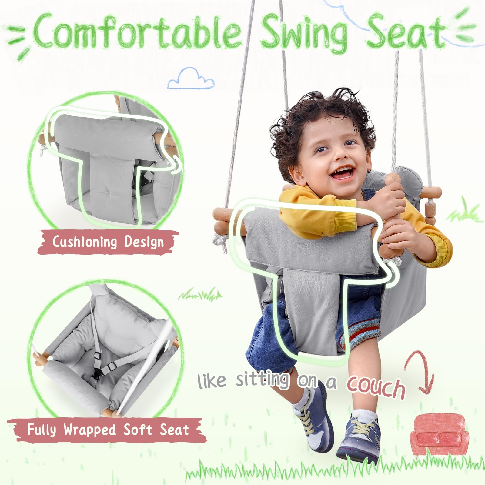 Baby Swing Indoor Outdoor,Secure Canvas Wooden Toddler Swing Seat, 3-Point Adjustable Safety Harness,Mounting Hardware Included,Gift for Boys and Girls, Grey