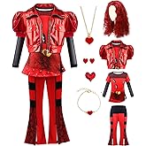 Uivic Red Costume for Girls - Rise of Red Costume Heart Shirt Jacket Pants Set with Wig Halloween Party Dress up for Kids