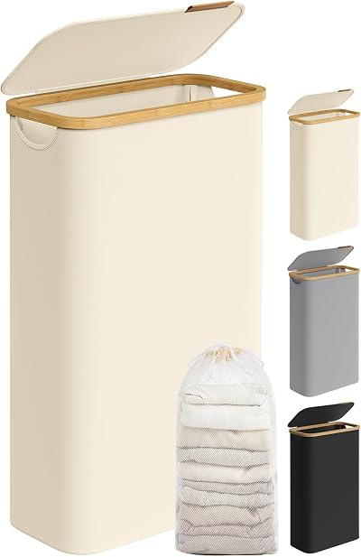 SONGMICS 65L Slim Laundry Basket with Lid Cream White LCB506W01