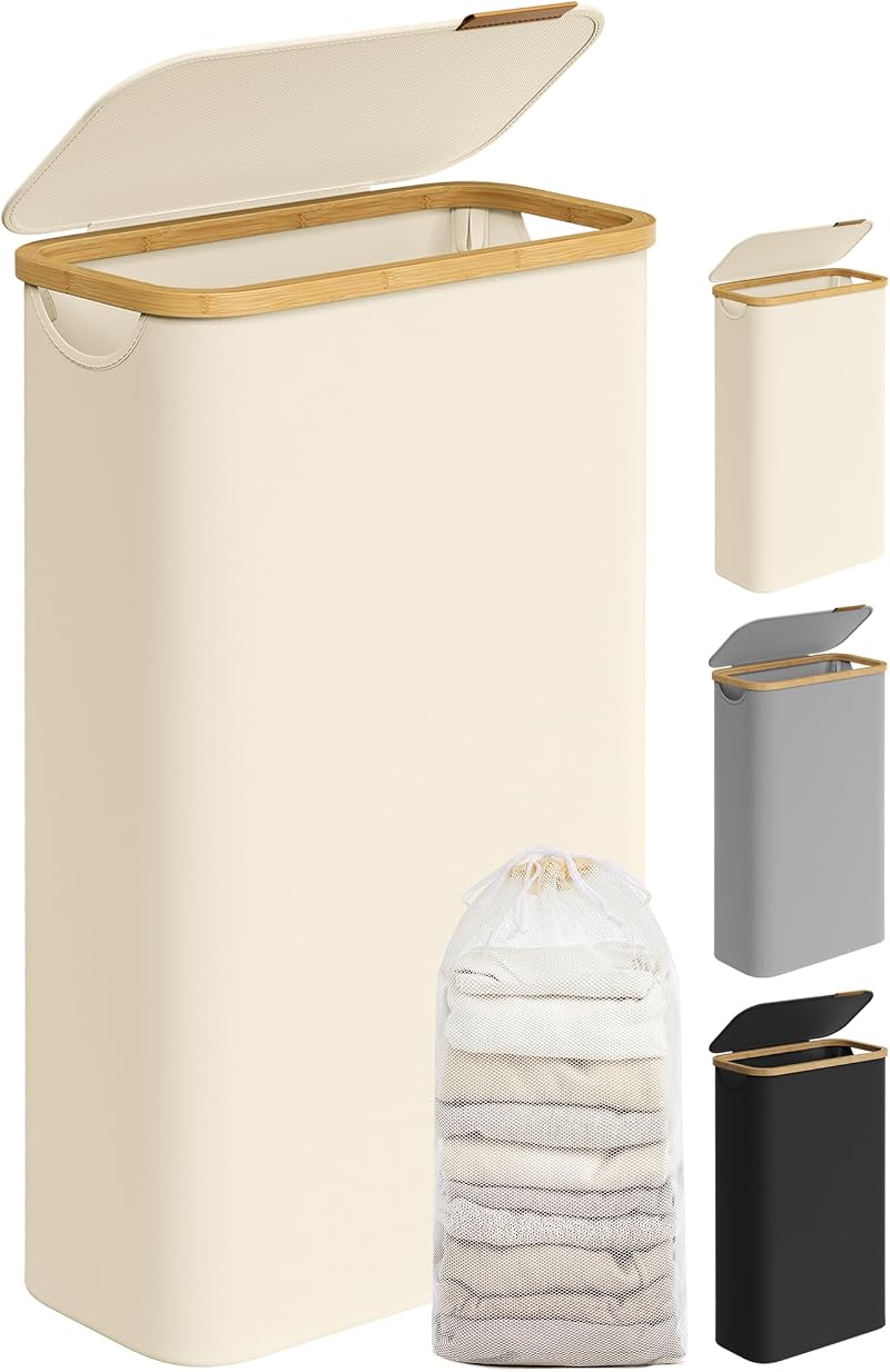 SONGMICS 65L Slim Laundry Basket with Lid Cream White LCB506W01
