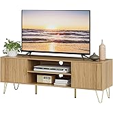Apetaccat TV Stand for 55-65 Inch TV, Entertainment Center with Soft Hinge Door,TV Console Table with 2 Cabinets with Gold Handle and Feet,for Living Room, Bedroom, Oak