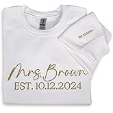 TEEAMORE Custom Text Embroidered Sweatshirt Hoodie Personalized Embroidery Add Your Custom Mrs Est Name on Sleeve Long Sleeve