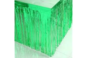 CareCheer 2 Pack 29x108 Inch Metallic Foil Fringe Table Skirt Tinsel Skirting Garland Banner for Parade Floats Trailer Mardi Gras Birthday Baby Shower Wedding Party Decoration (Green)