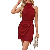 ZTMZA Womens Short Formal Satin Dress 2026 Summer Sleeveless Halter Neck Tie Waist Wrap Cocktail Wedding Party Mini Dresses