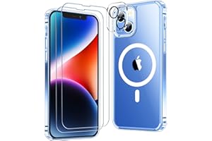 MOZOTER [6 in 1 Magnetic Case for iPhone 14 Plus Case,[Compatible with Magsafe] [Anti Yellowing][Glass Screen Protector+Camera Lens Protector] Shockproof Slim Thin Phone Case Cover 6.7 inch-Clear