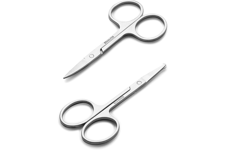 Facial Hair Small Grooming Scissors For Men Women – Eyebrow, Nose Hair, Mustache, Beard, Eyelashes, Ear Trimming Kit – Curved and Rounded Safety Tip Clippers For Hair Cutting – 2PCS Silver