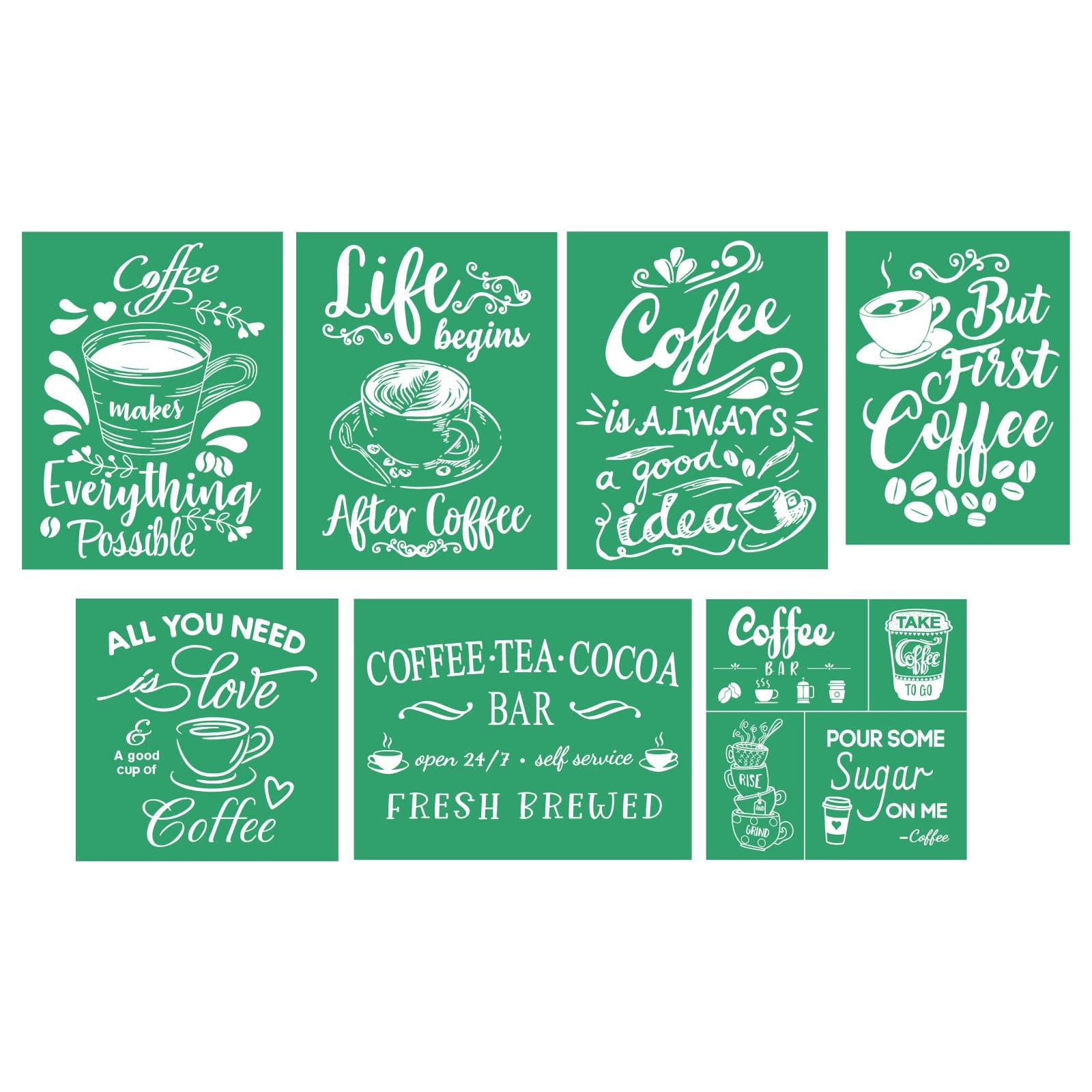 DGAGA Silk Screen Stencils,7 PCS Coffee Theme Self Adhesive Silk Screen Transfers Reusable Chalk Paint Mesh Stencils for Painting on Wood Chalkboard Home Decor