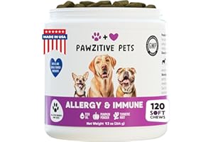 PAWZITIVE PETS Dog Allergy Relief Chews for Itchy Skin - Seasonal and Food Allergy Chews for Shedding, Licking Paws, Hot Spot, Ears - USA Product - Omega 3 Fish Oil Skin & Coat Supplement - Anti Itch Immune Treats