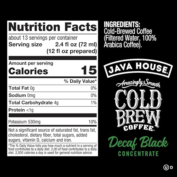 JAVA HOUSE COLD BREW COFFEE, DECAF COLOMBIAN 4:1 LIQUID CONCENTRATE, 32 OUNCE BOTTLE